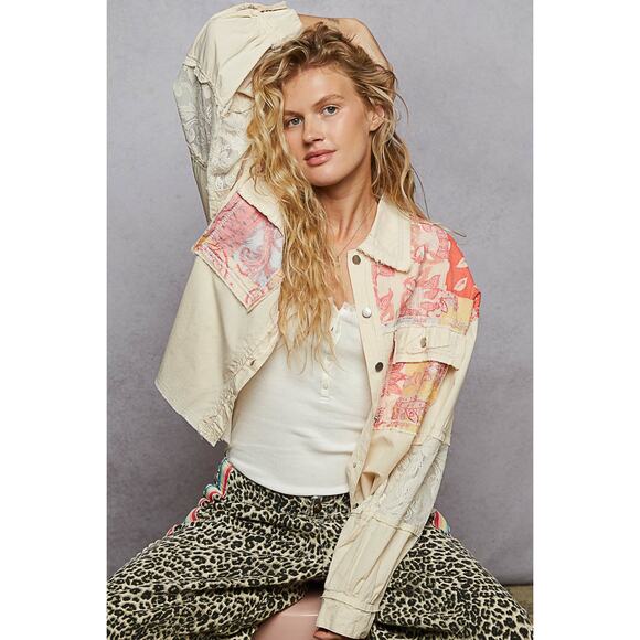 POL Lace Details Printed Woven Mix Raw Hem Pockets Buttoned Denim Jacket | Cream - Picture 2 of 5